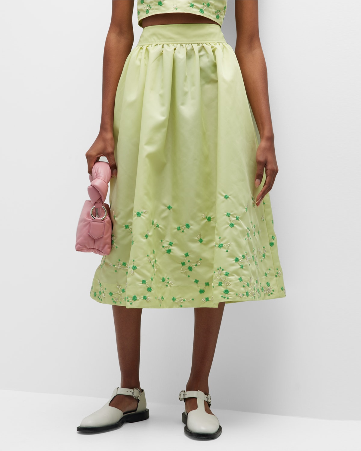 Ganni Nylon Skirt With Beads And Embroideries In Lily Green