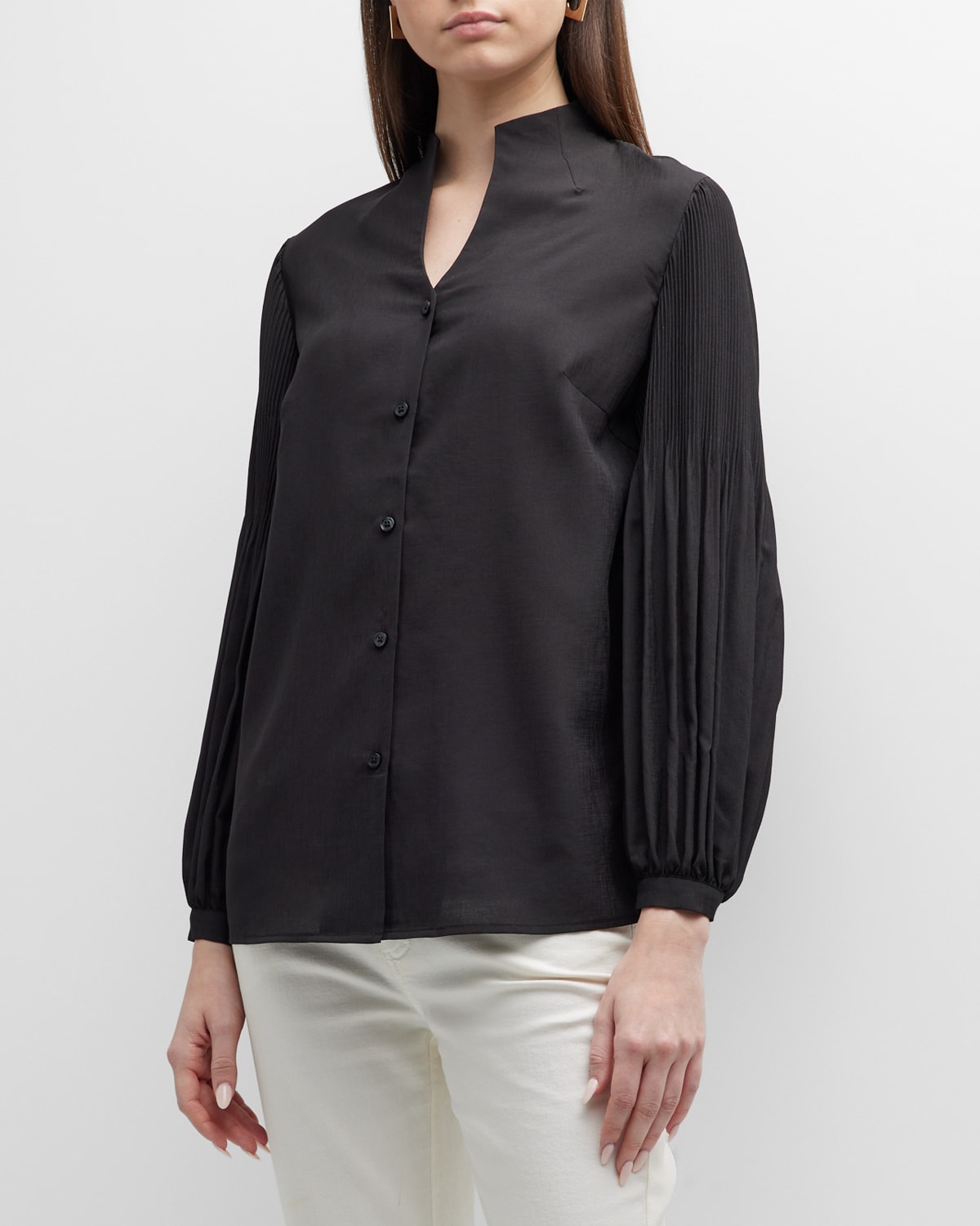 Misook Pleated-sleeve Split-neck Blouse In Black