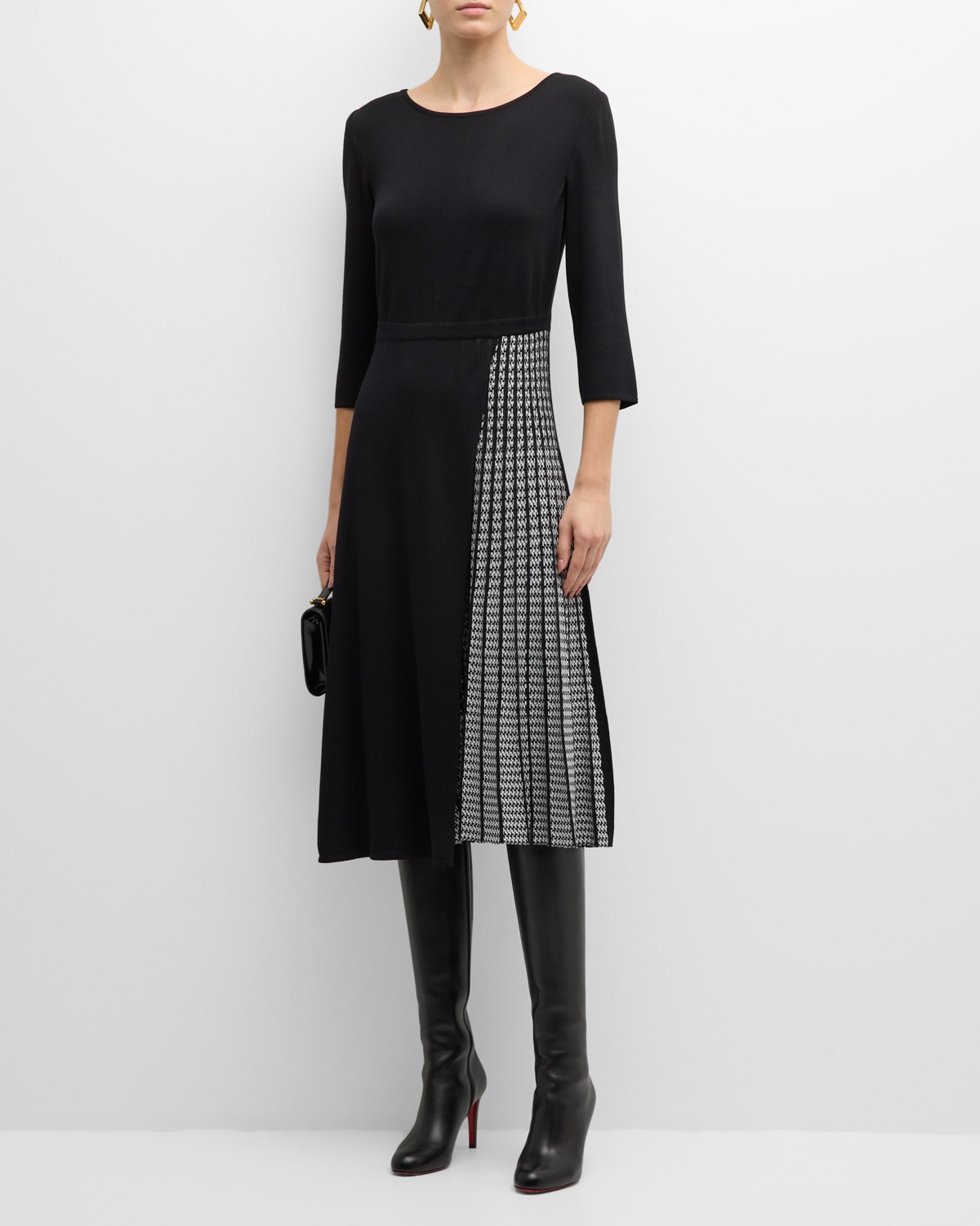 Shop Misook Pleated Short-sleeve Knit Midi Dress In Black/white