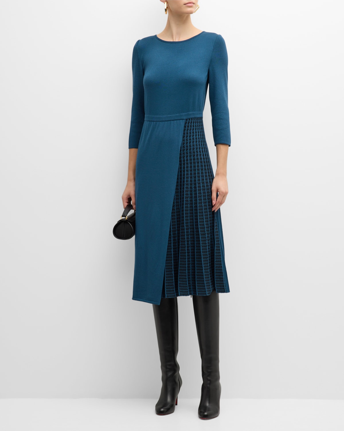 Misook Pleated Short-sleeve Knit Midi Dress In Marine Teal/black