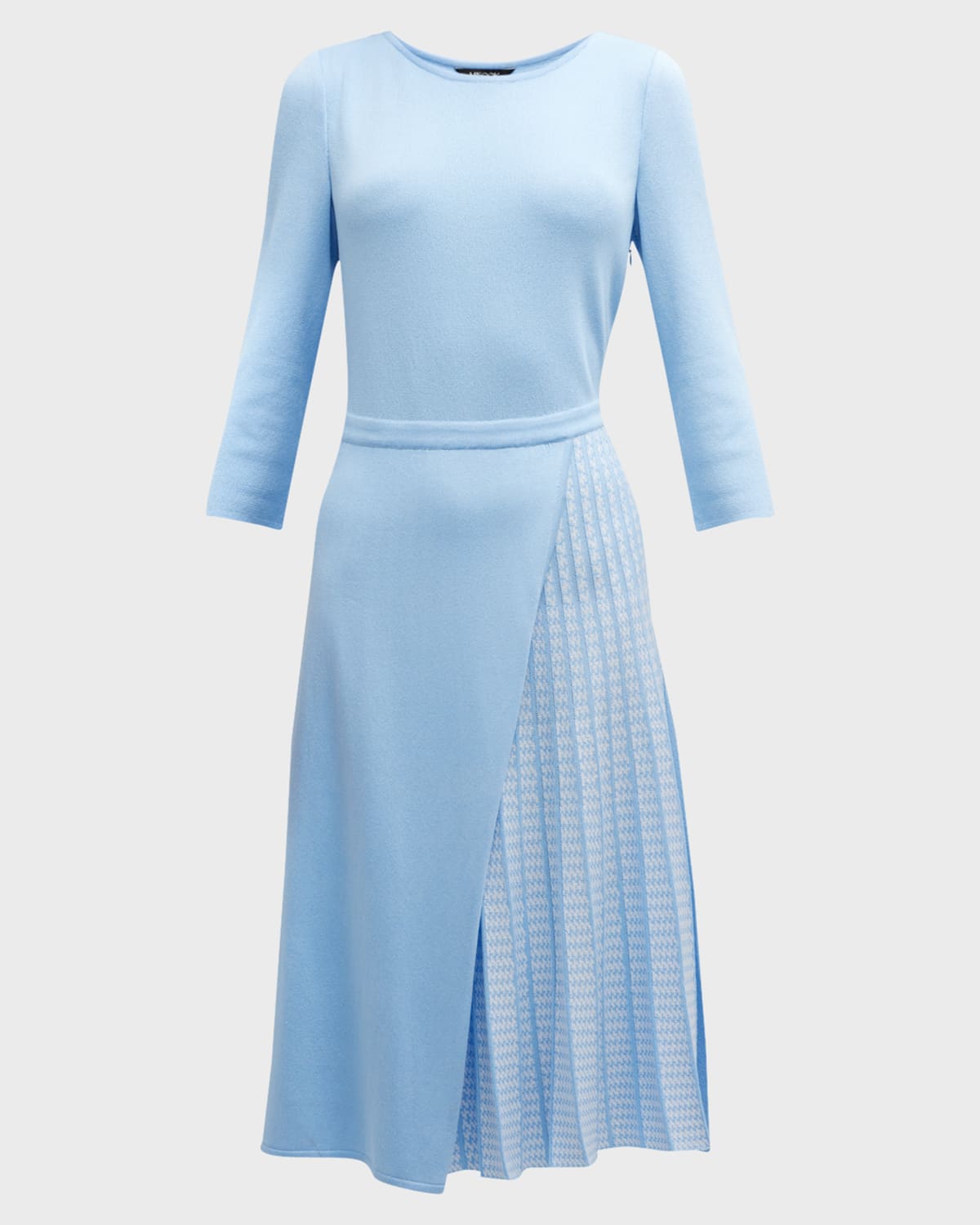 Shop Misook Pleated Short-sleeve Knit Midi Dress In Cirrus Blue/white