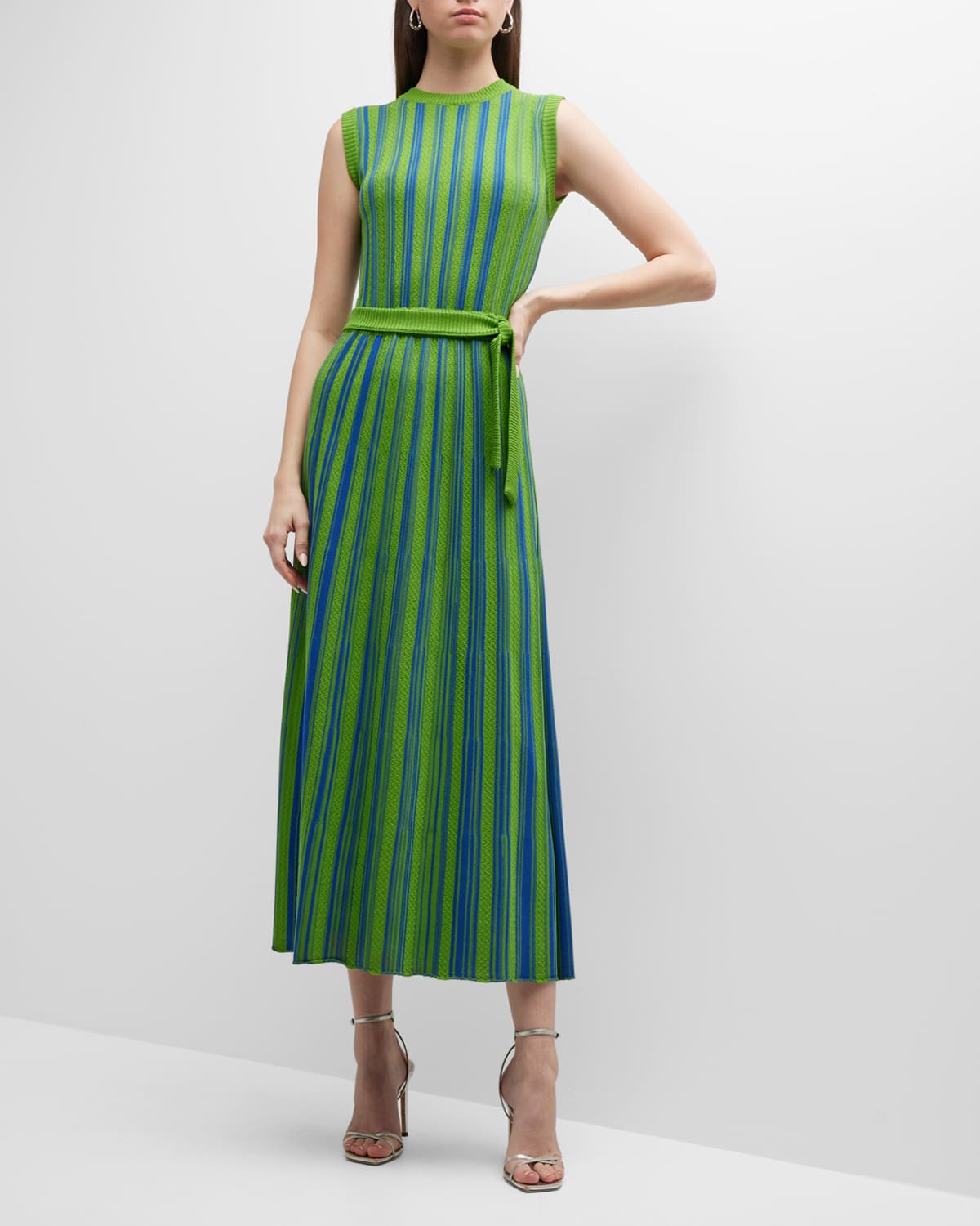 MISOOK BELTED SLEEVELESS STRIPED MIDI DRESS