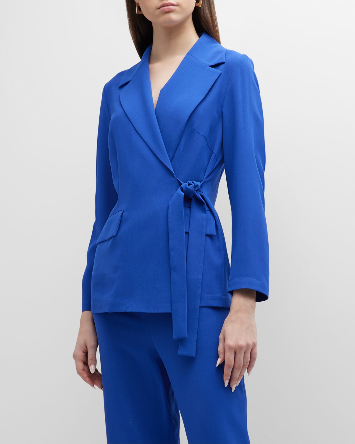 Misook Side-tie Notched-lapel Wrap-front Jacket In Satin Sky