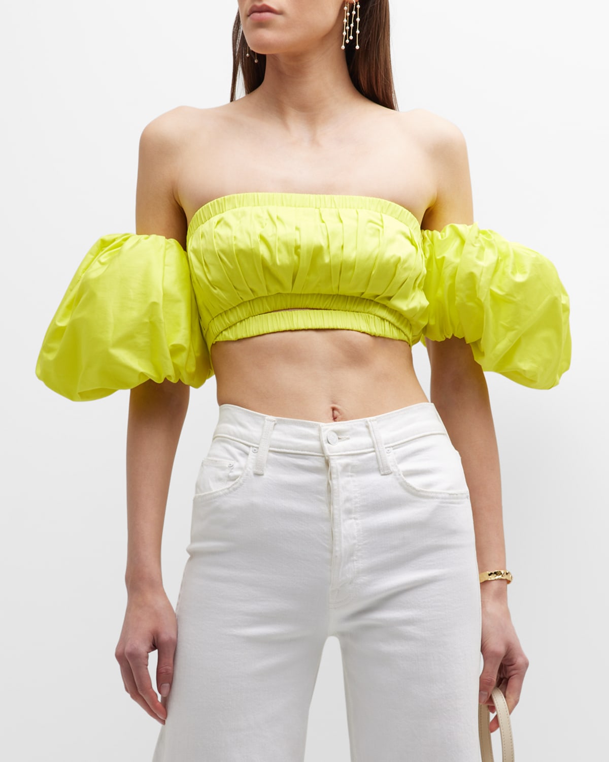 Cult Gaia Carly Off The Shoulder Puff Sleeve Crop Top In Citron
