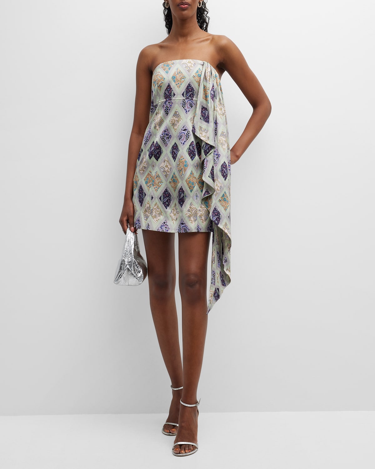 Luisa Scarf Tile-Print Strapless Silk Mini Dress