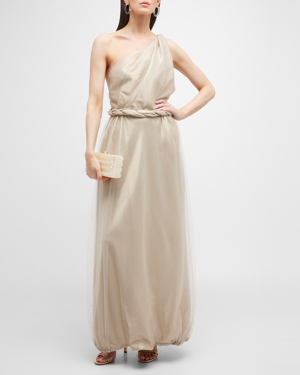 Shop Giorgio Armani One-shoulder Gown With Braided Detail In Gold