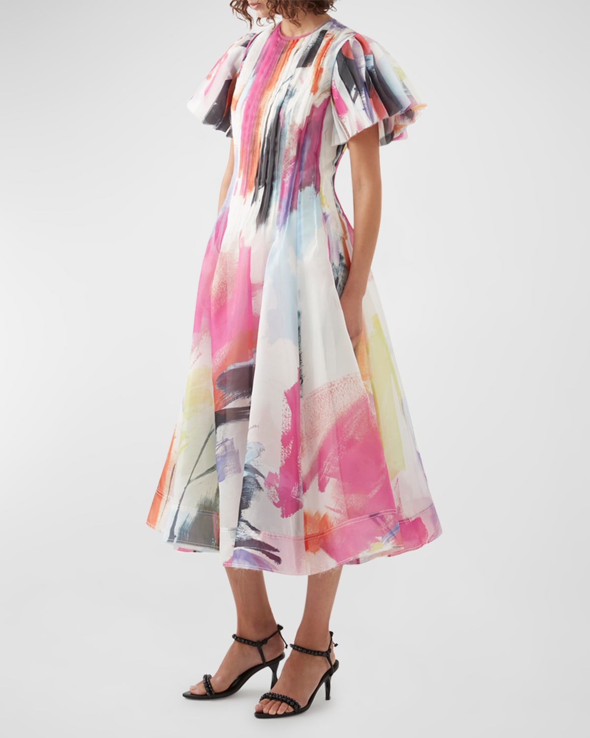 Nova Pleated Organza Printed Midi Dress