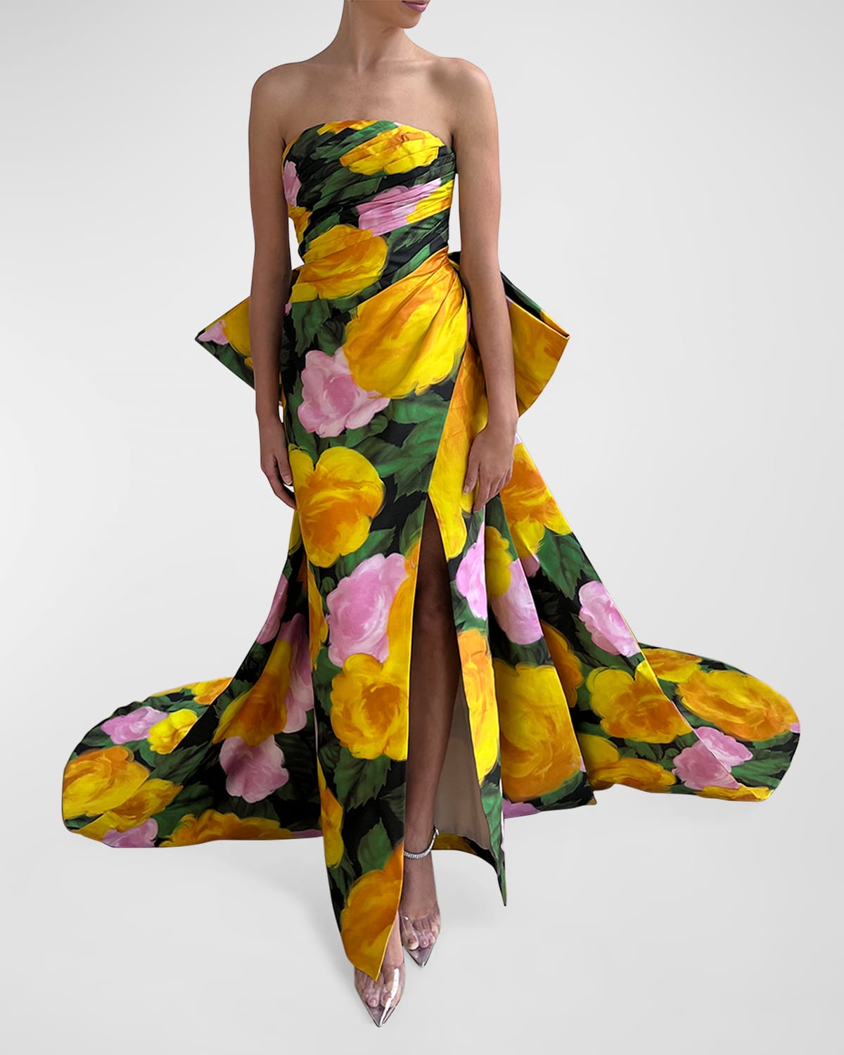 Rachel Gilbert Emmy Floral-print Draped Bow Strapless Gown In Canary Floral Pri