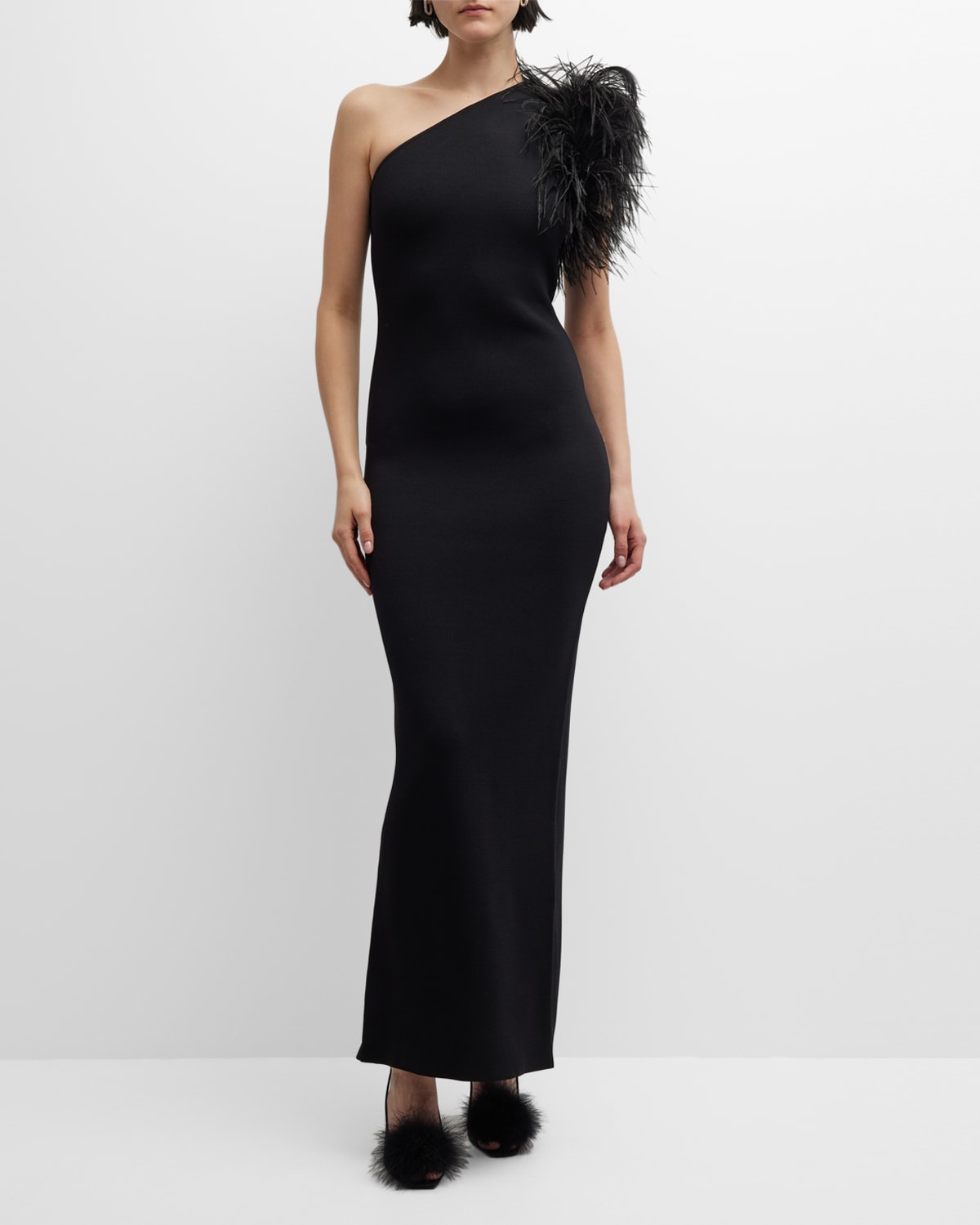 Elcie One-Shoulder Column Gown with Feathers