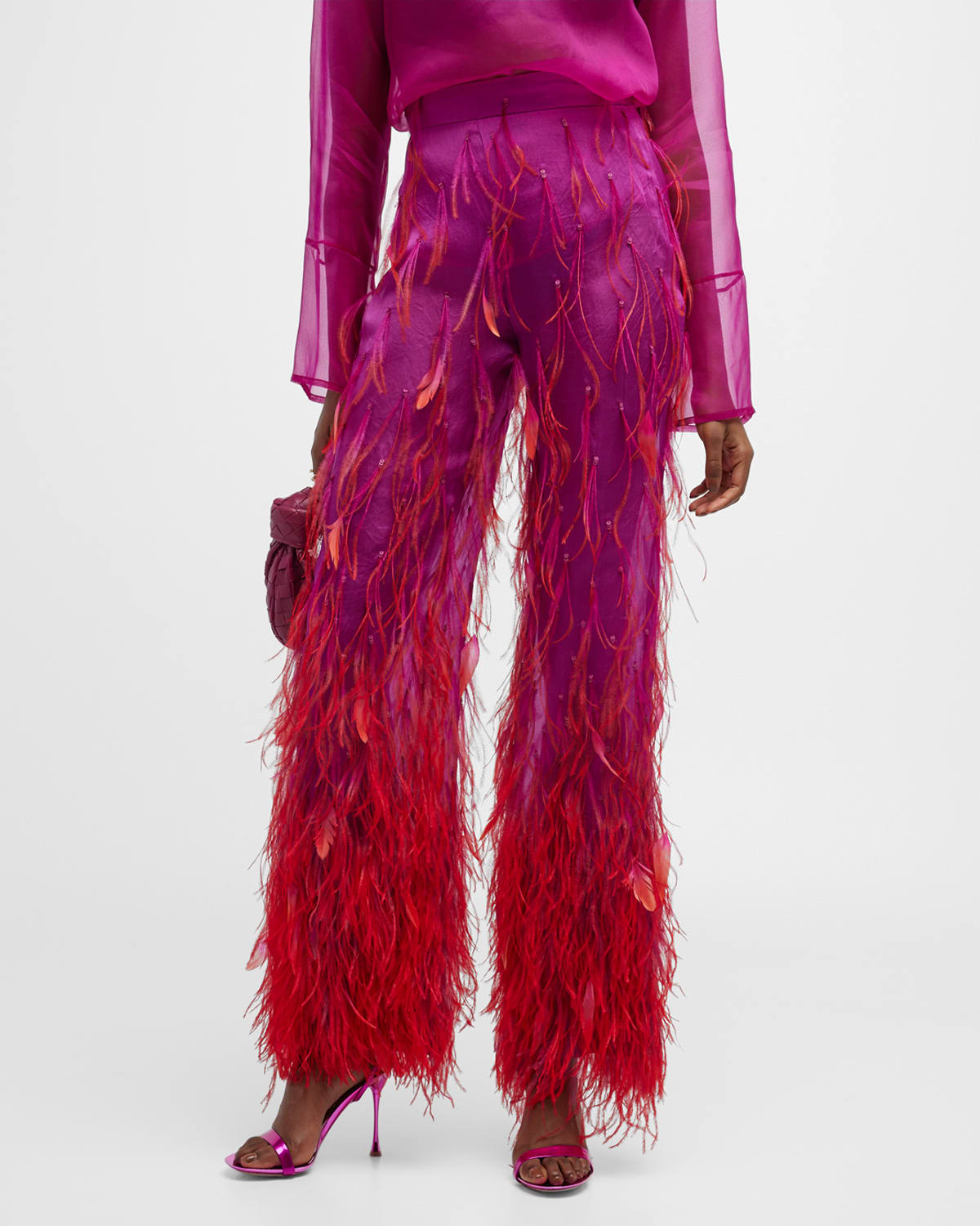 Ombre Feather Embellished Straight-Leg Satin Trousers