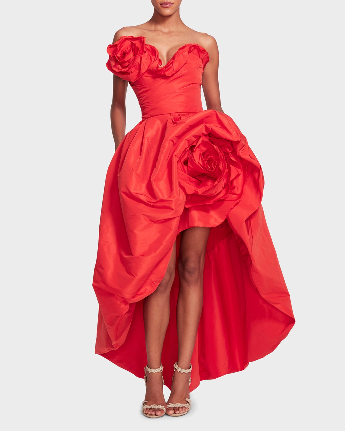 MARCHESA ASYMMETRIC HIGH-LOW FAILLE GOWN WITH SCULPTURAL ROSE DETAILS