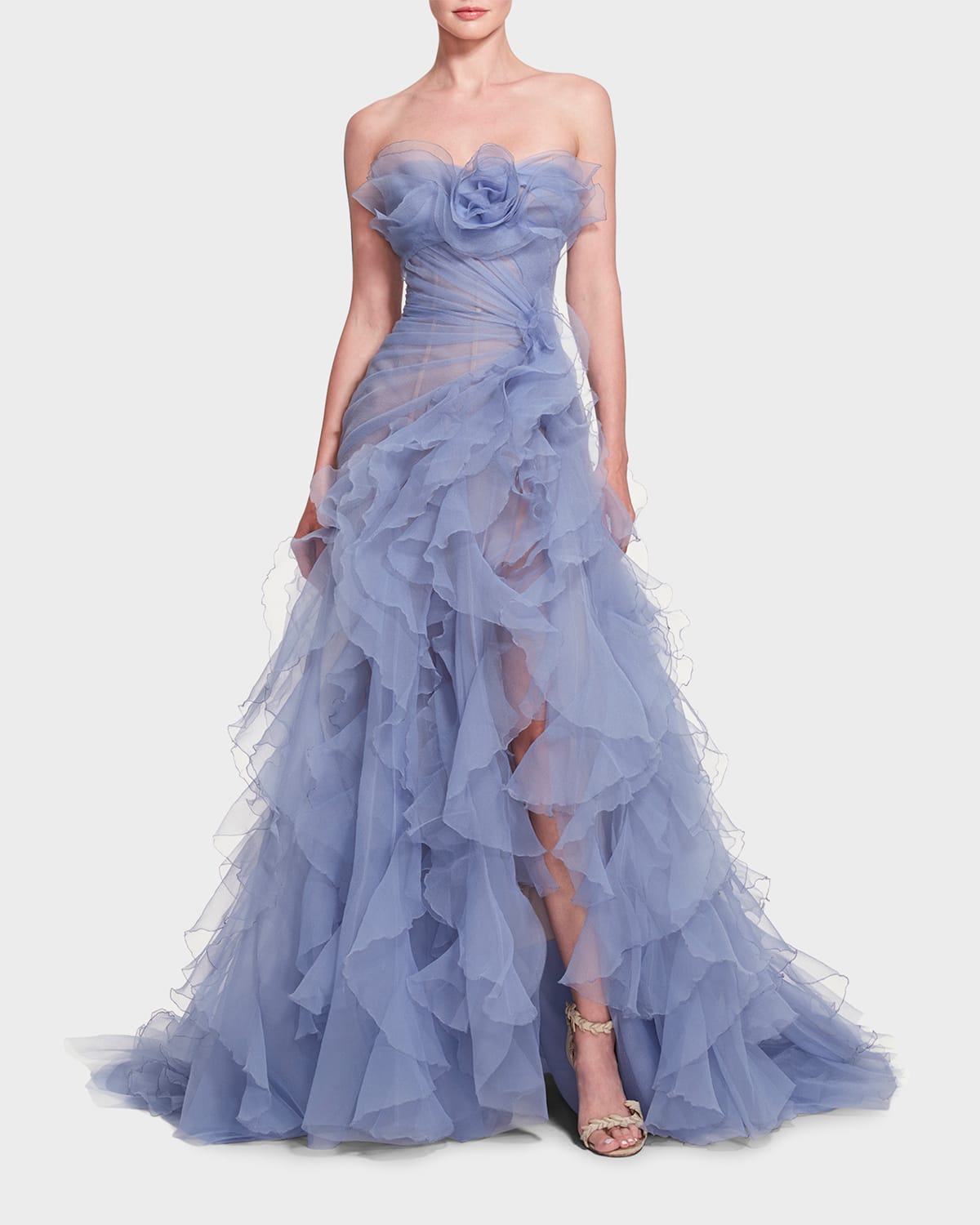 MARCHESA TEXTURED ORGANZA BALL GOWN WITH FLORAL DRAPED DETAILS