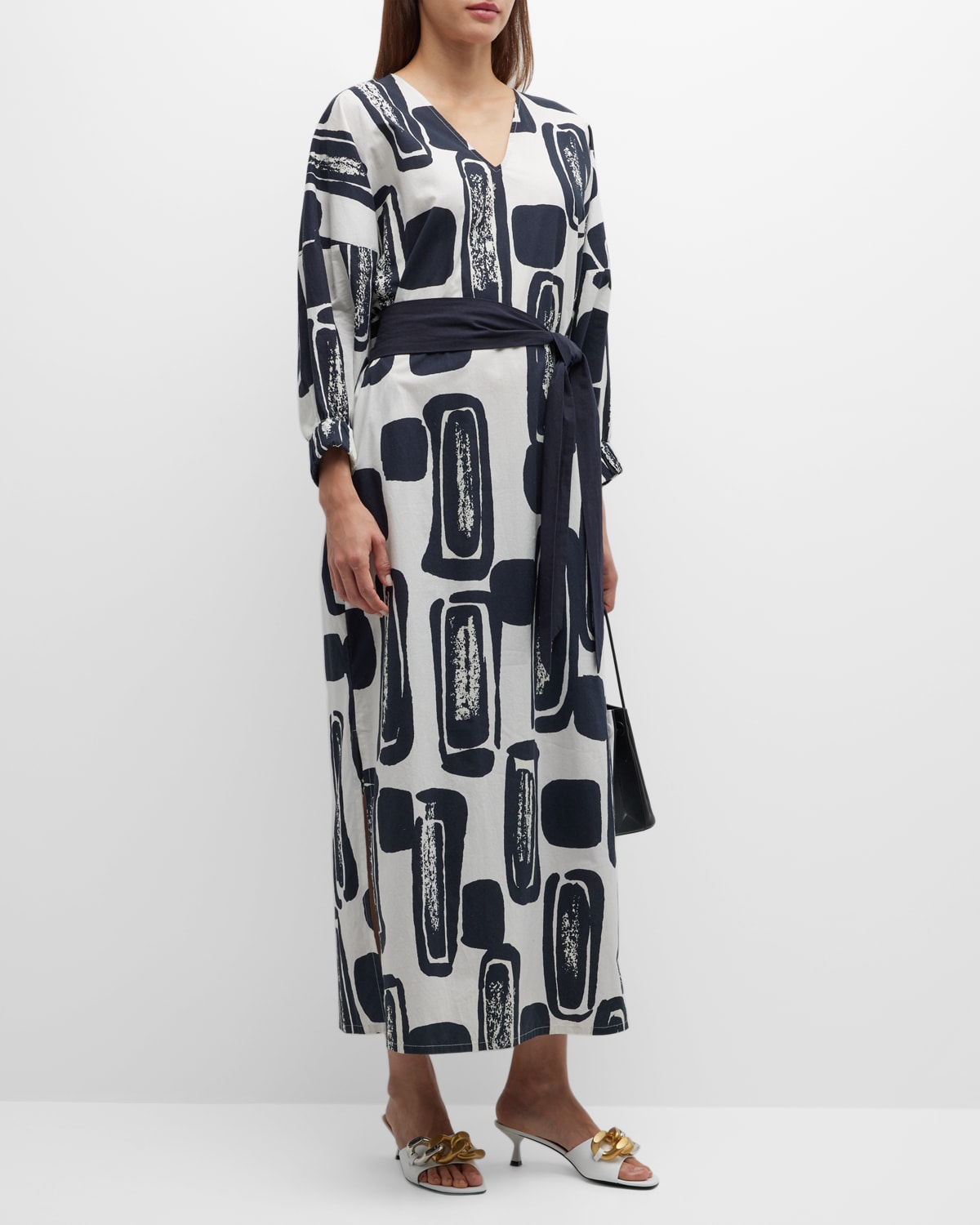 Frances Valentine Rosa Belted Abstract-print Caftan In Oyster Black