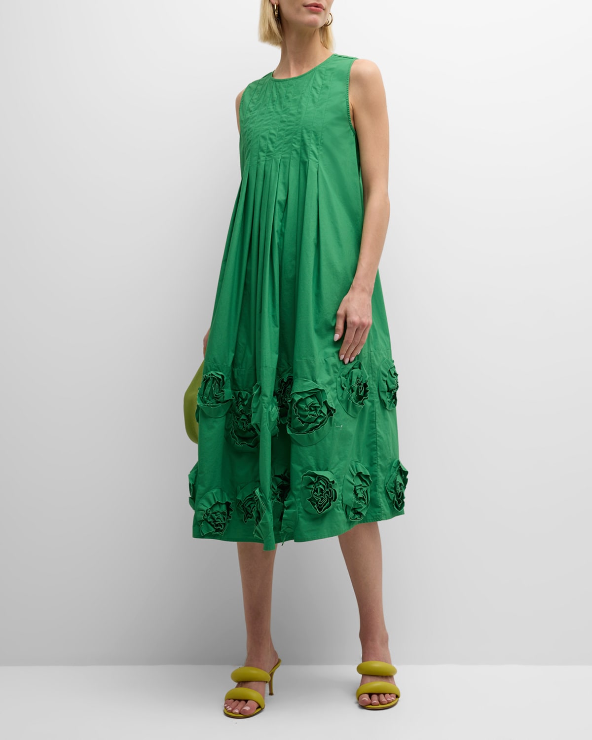 Frances Valentine Sunny Pleated Rosette Poplin Midi Dress In Green