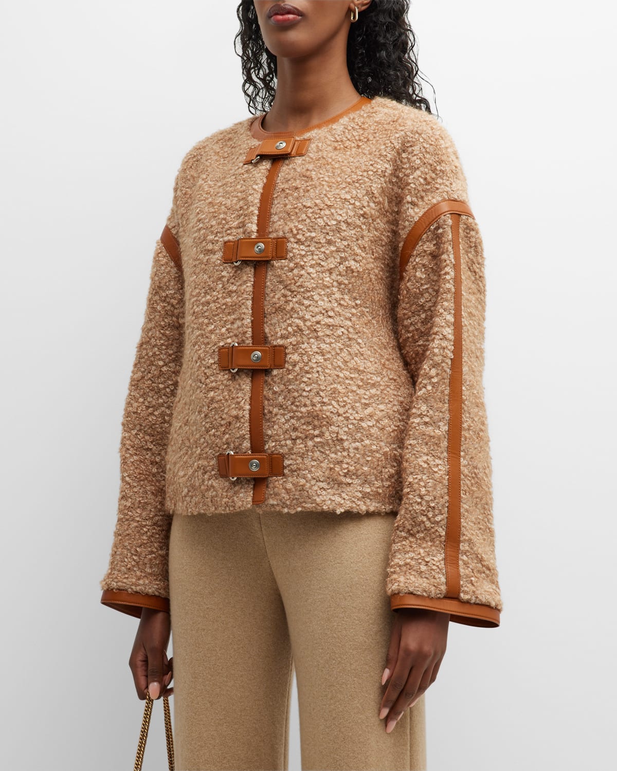 Shop Loro Piana Buckle-front Leather-trim Cashmere Boucle Jacket In E07v Choco Rice