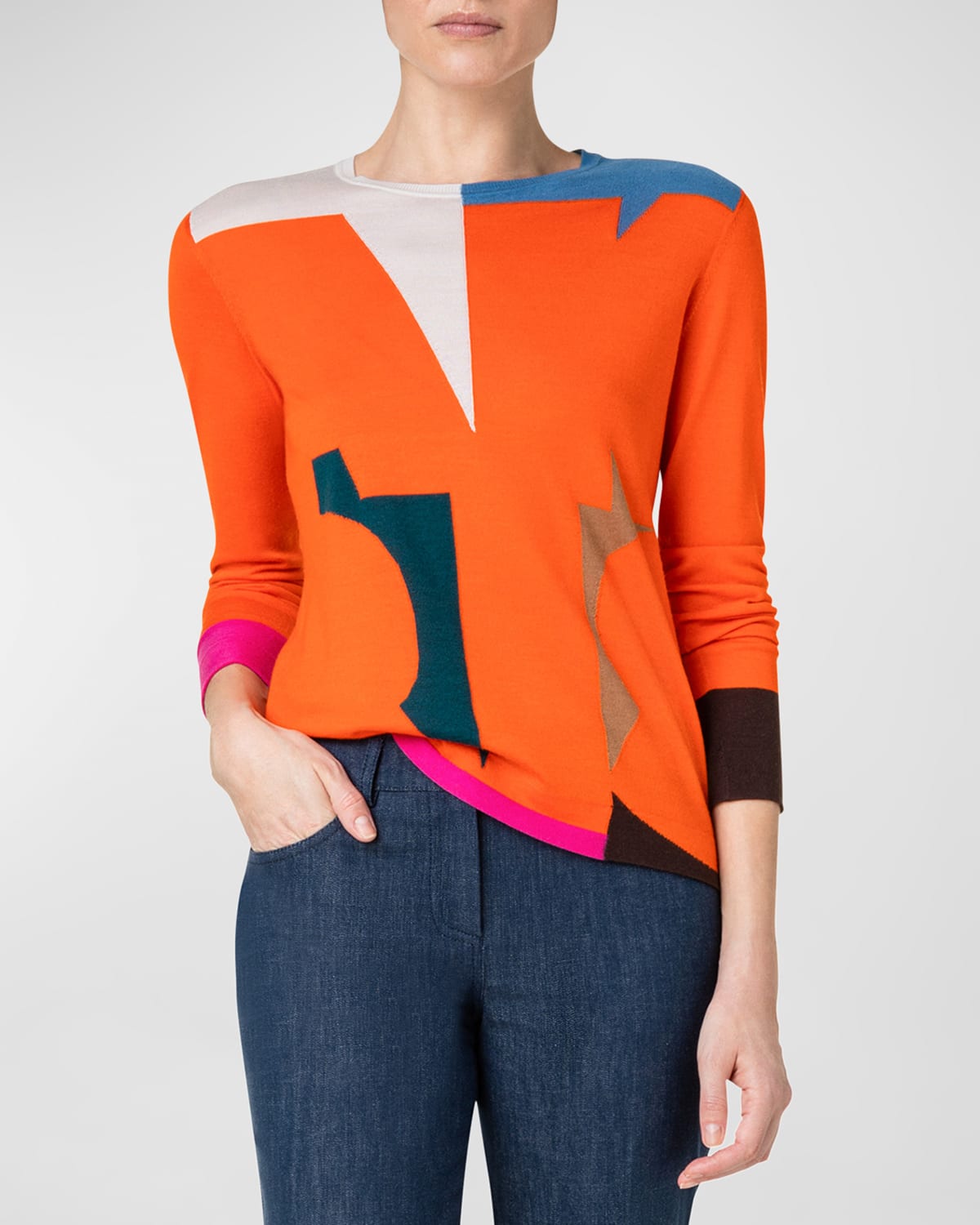AKRIS WOOL-BLEND KNIT SWEATER WITH COLORBLOCK INTARSIA DETAIL
