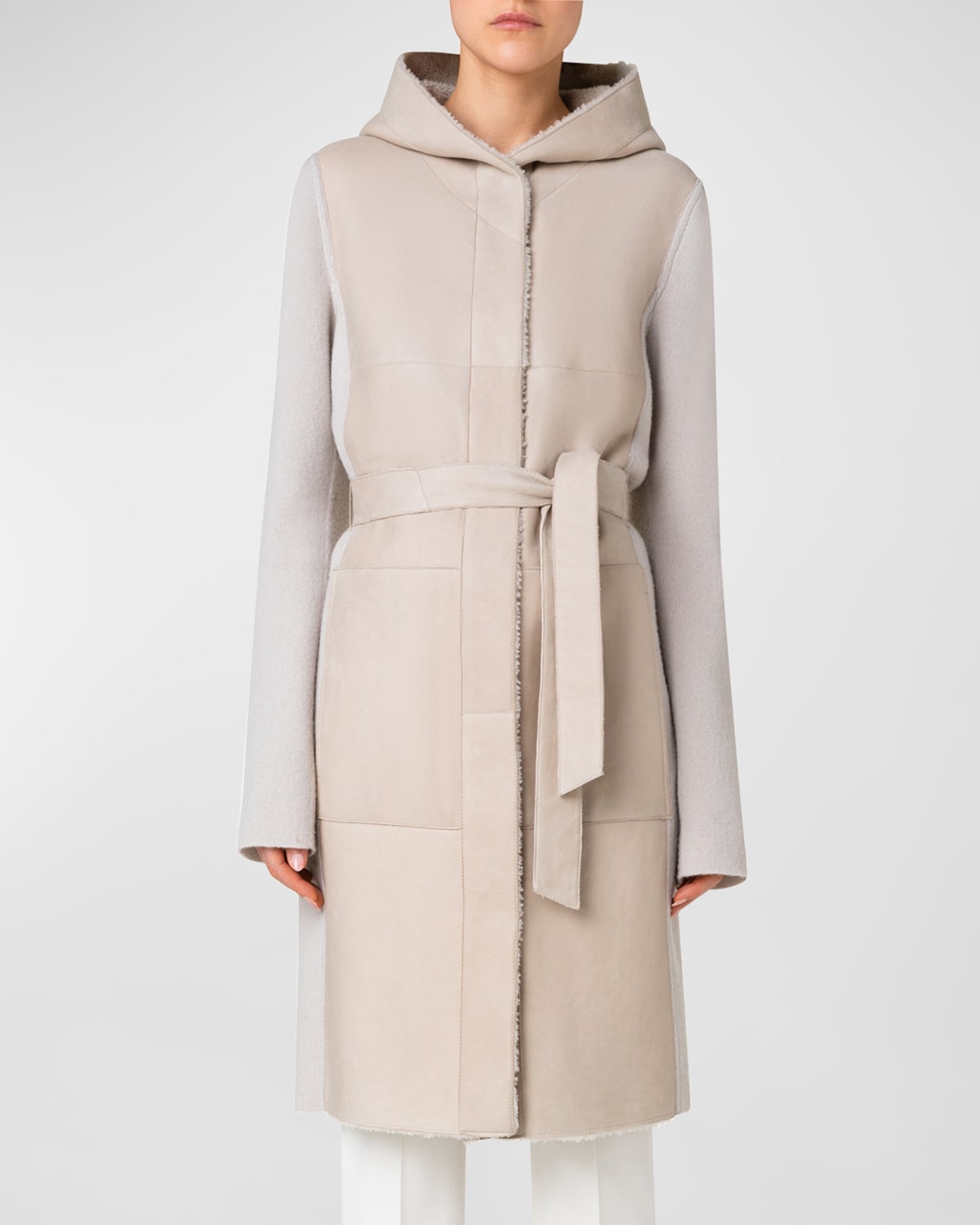 AKRIS CASHMERE KNIT TRENCH COAT WITH SHEARLING FRONT