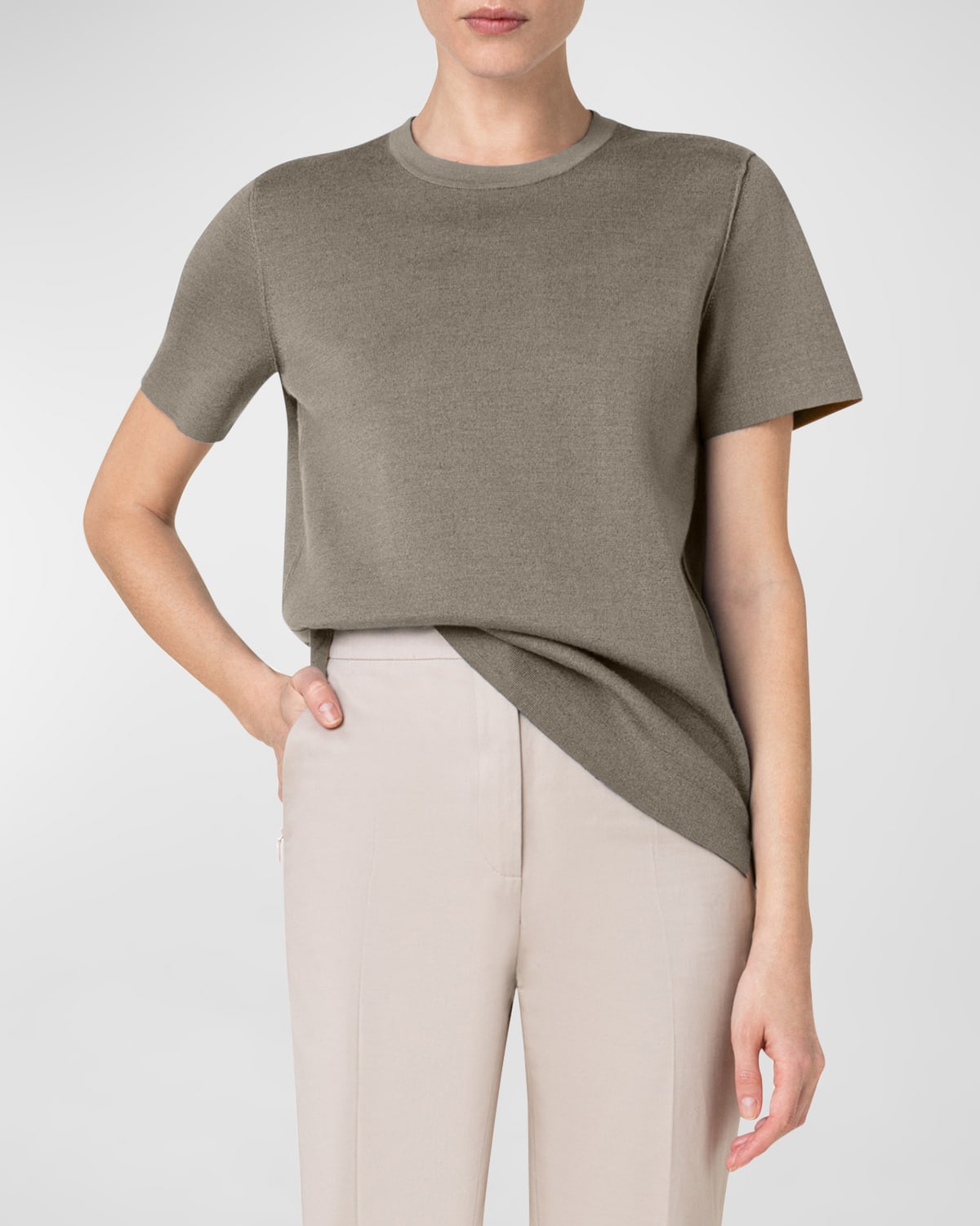 Akris Bi-color Reversible Knit Wool Pullover Shirt In Greige-seagrass