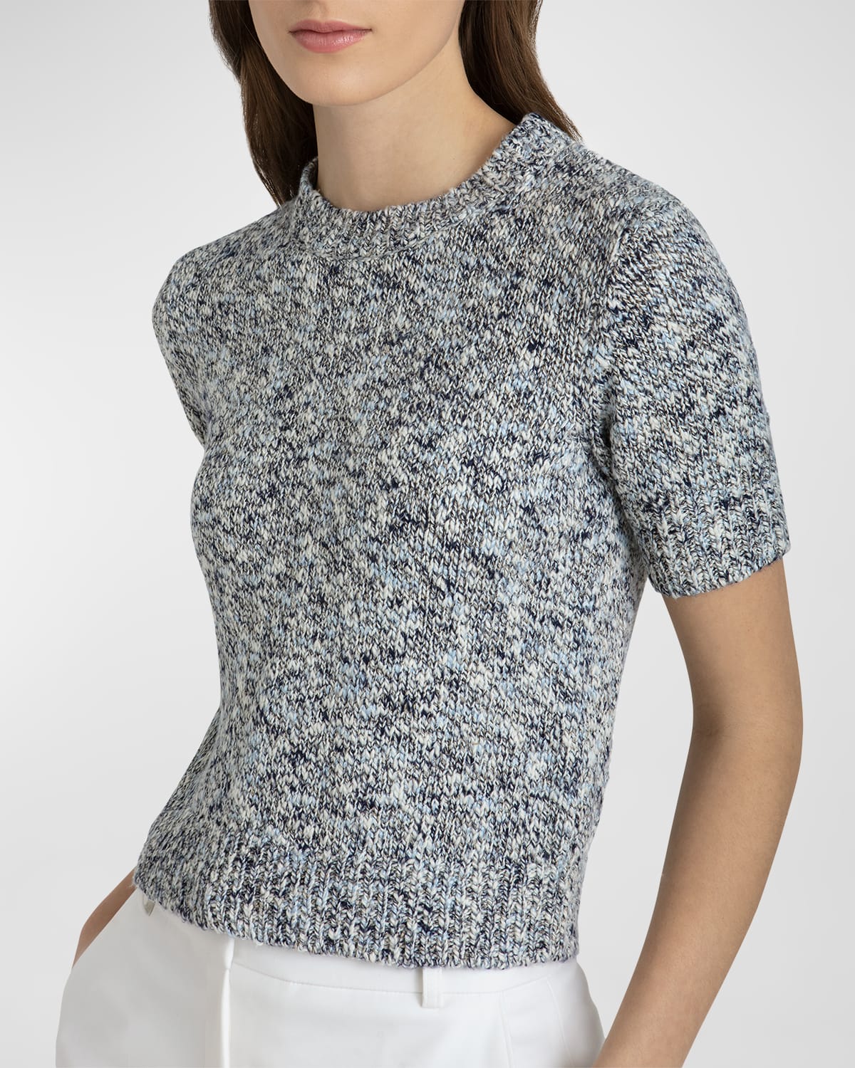 Judith & Charles Leon Heathered Short-sleeve Crewneck Pullover In Blue Mix