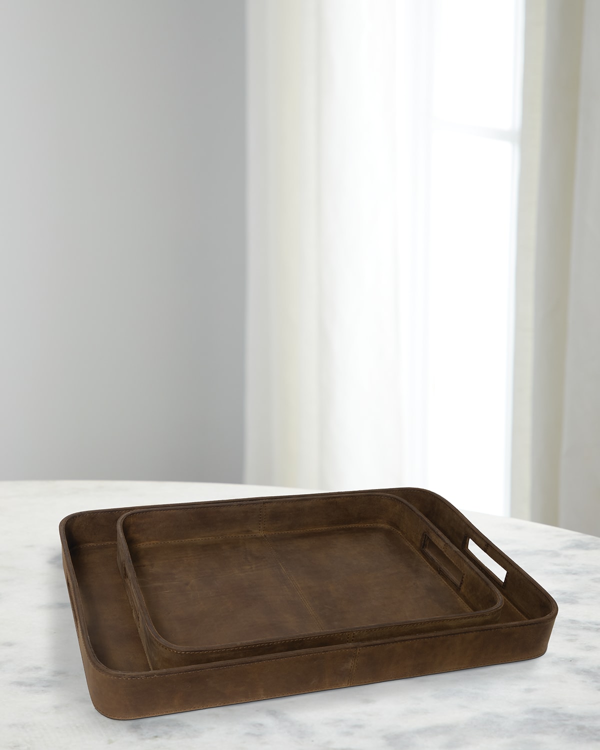 Regina Andrew Derby Rectangular Leather Trays, Set Of 2 In Brown