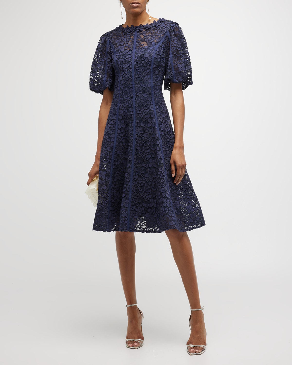 Rickie Freeman For Teri Jon Embroidered Puff-sleeve Floral Lace Midi Dress In Navy