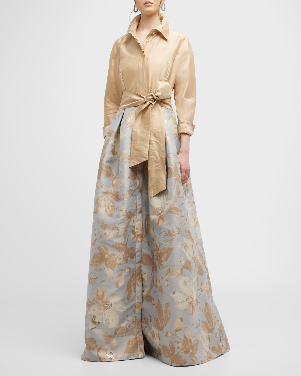 Rickie Freeman For Teri Jon Floral Jacquard Waist Taffeta Shirtdress Gown In Gold Multi
