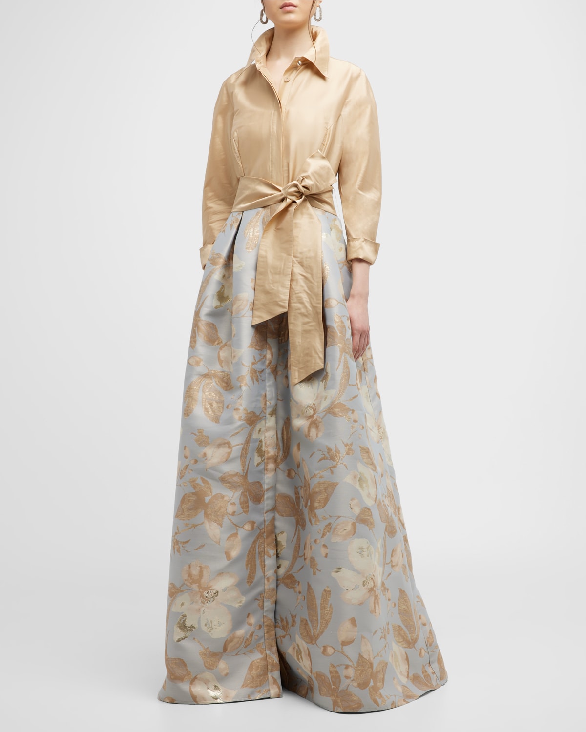 RICKIE FREEMAN FOR TERI JON FLORAL JACQUARD WAIST TAFFETA SHIRTDRESS GOWN