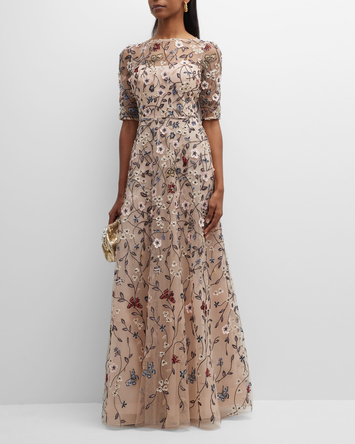 Rickie Freeman For Teri Jon Floral Vine Embroidered Tulle Illusion Gown ...