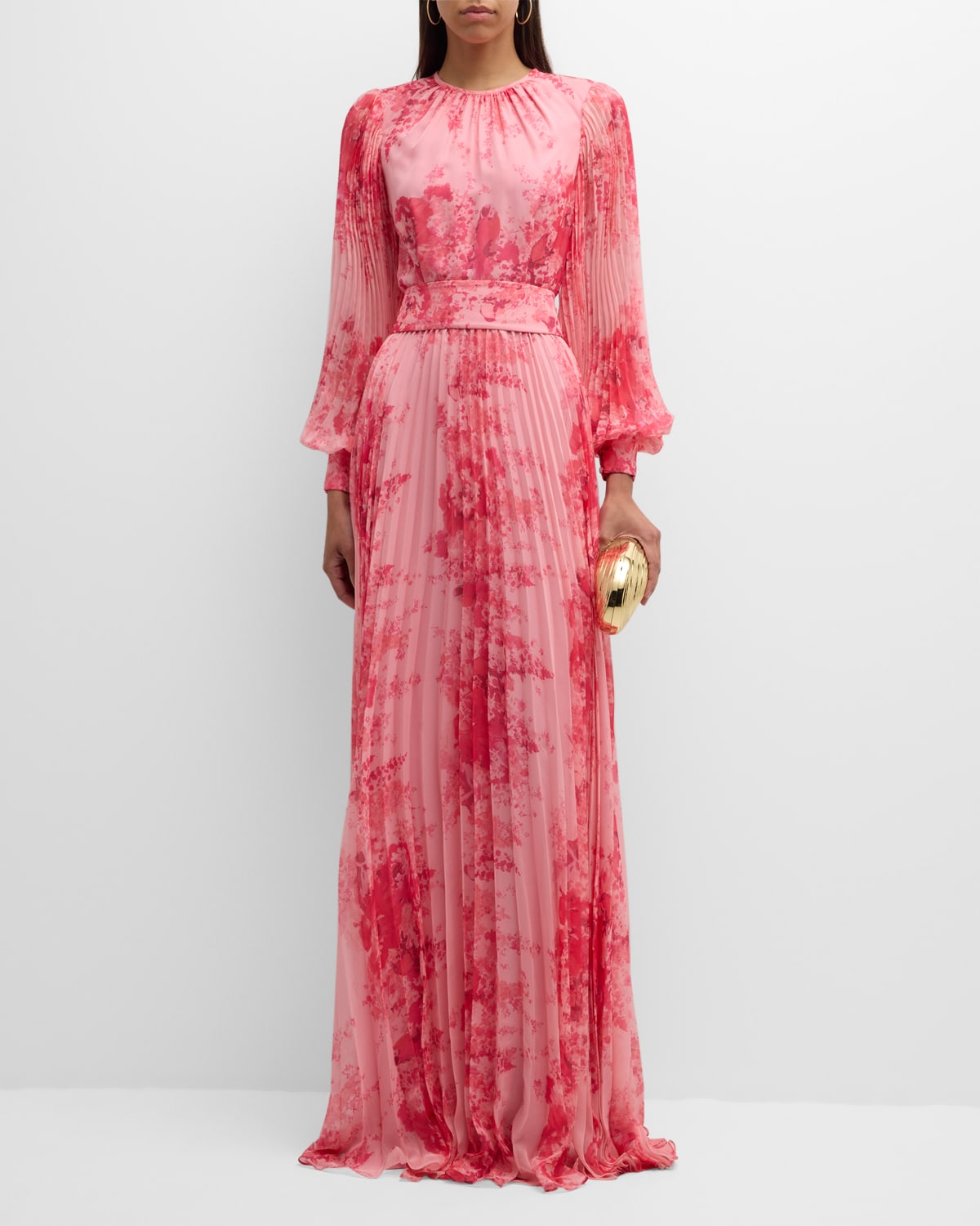 Pleated Floral-Print Blouson-Sleeve Gown