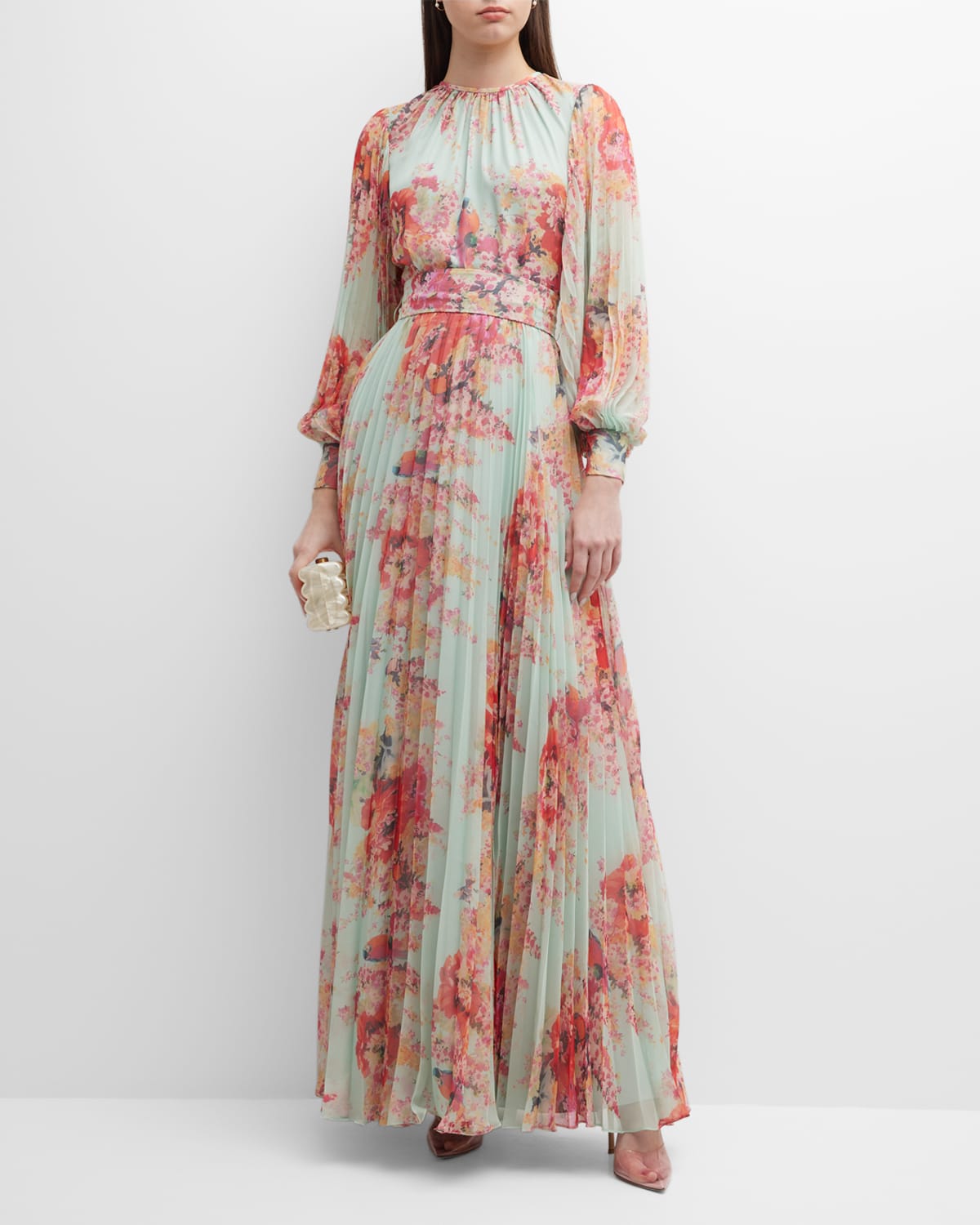 Rickie Freeman For Teri Jon Pleated Floral-print Blouson-sleeve Gown In ...