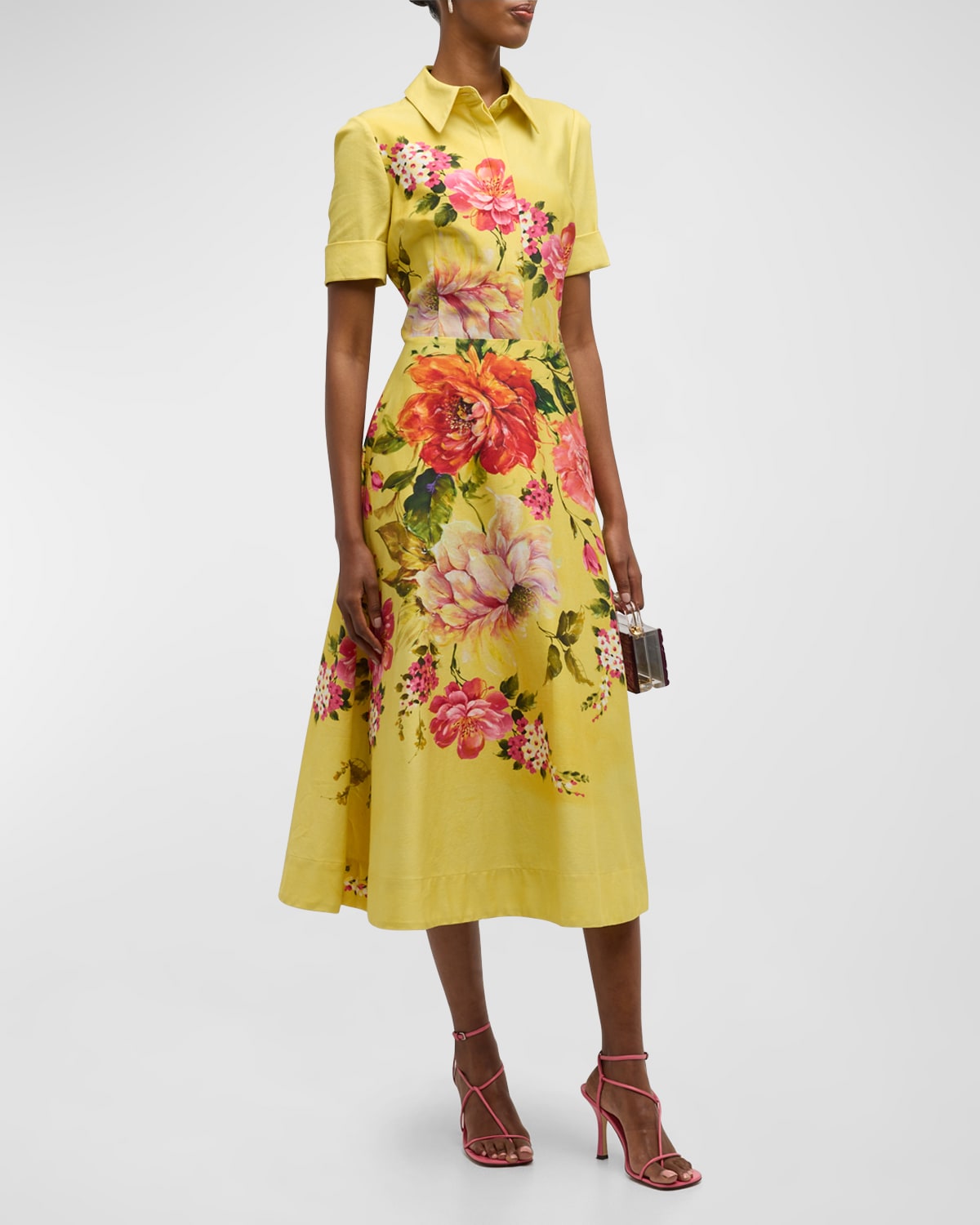 Rickie Freeman For Teri Jon Floral-print Fit-&-flare Shirtdress In Yellow Mul