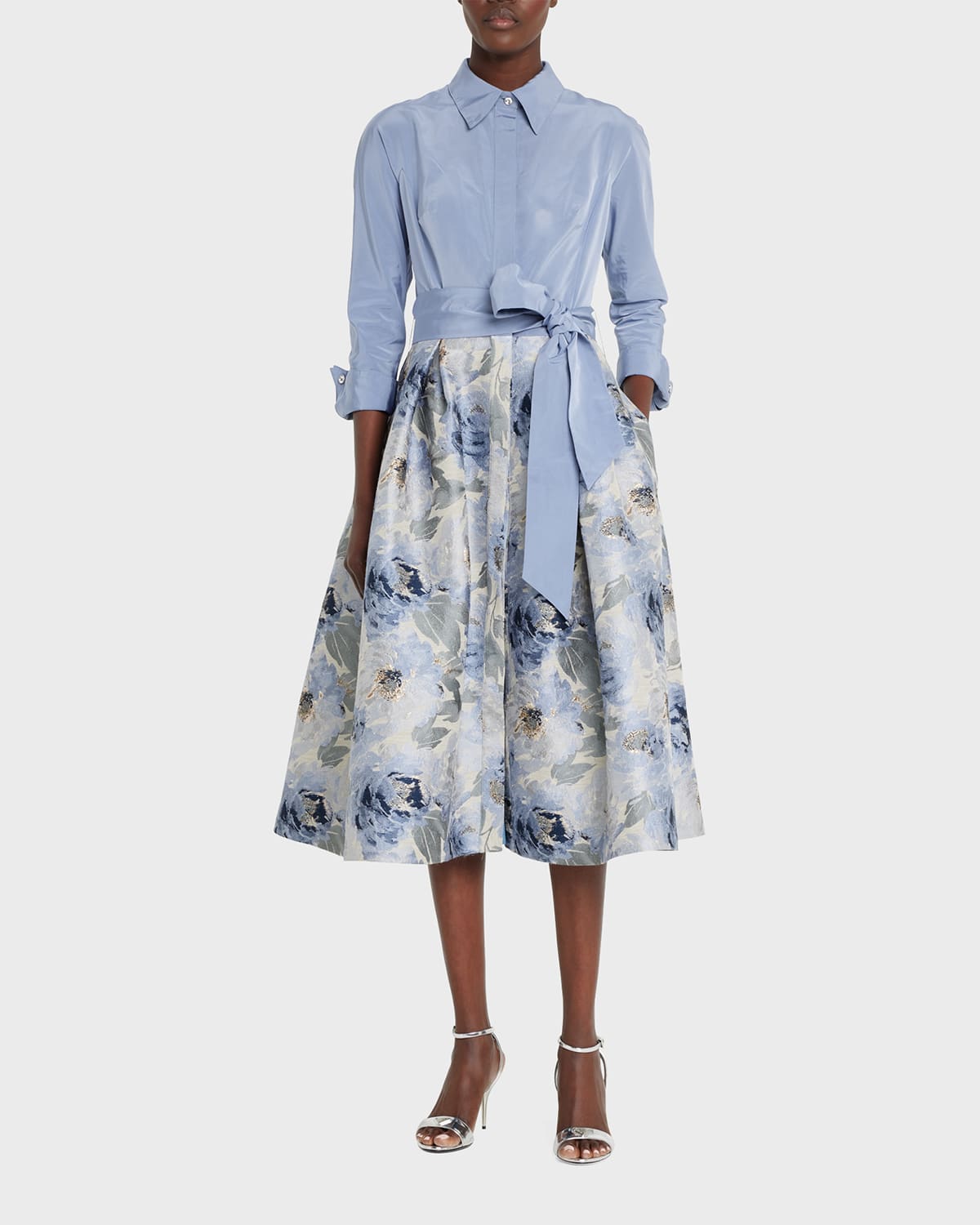 Rickie Freeman For Teri Jon Pleated Floral Jacquard Midi Shirtdress In Slate Mult