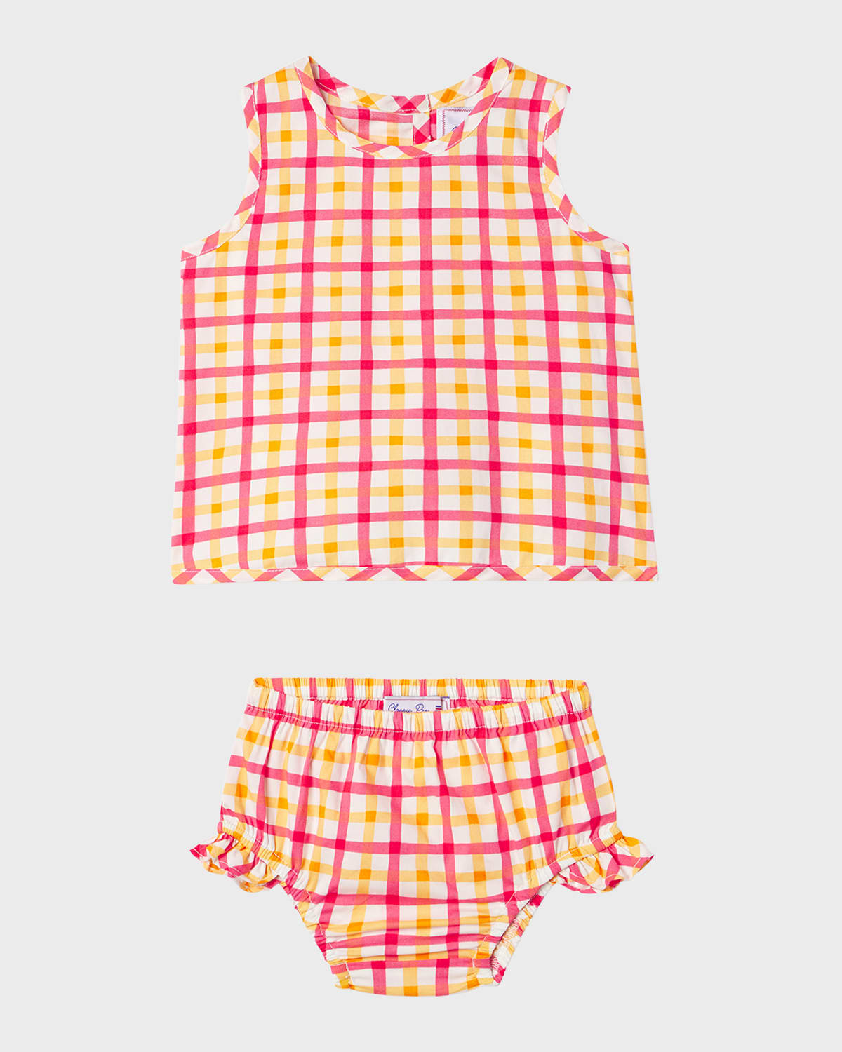 Girl's Gingham-Print Aloha Dress W/ Bloomers, Size 3M-2