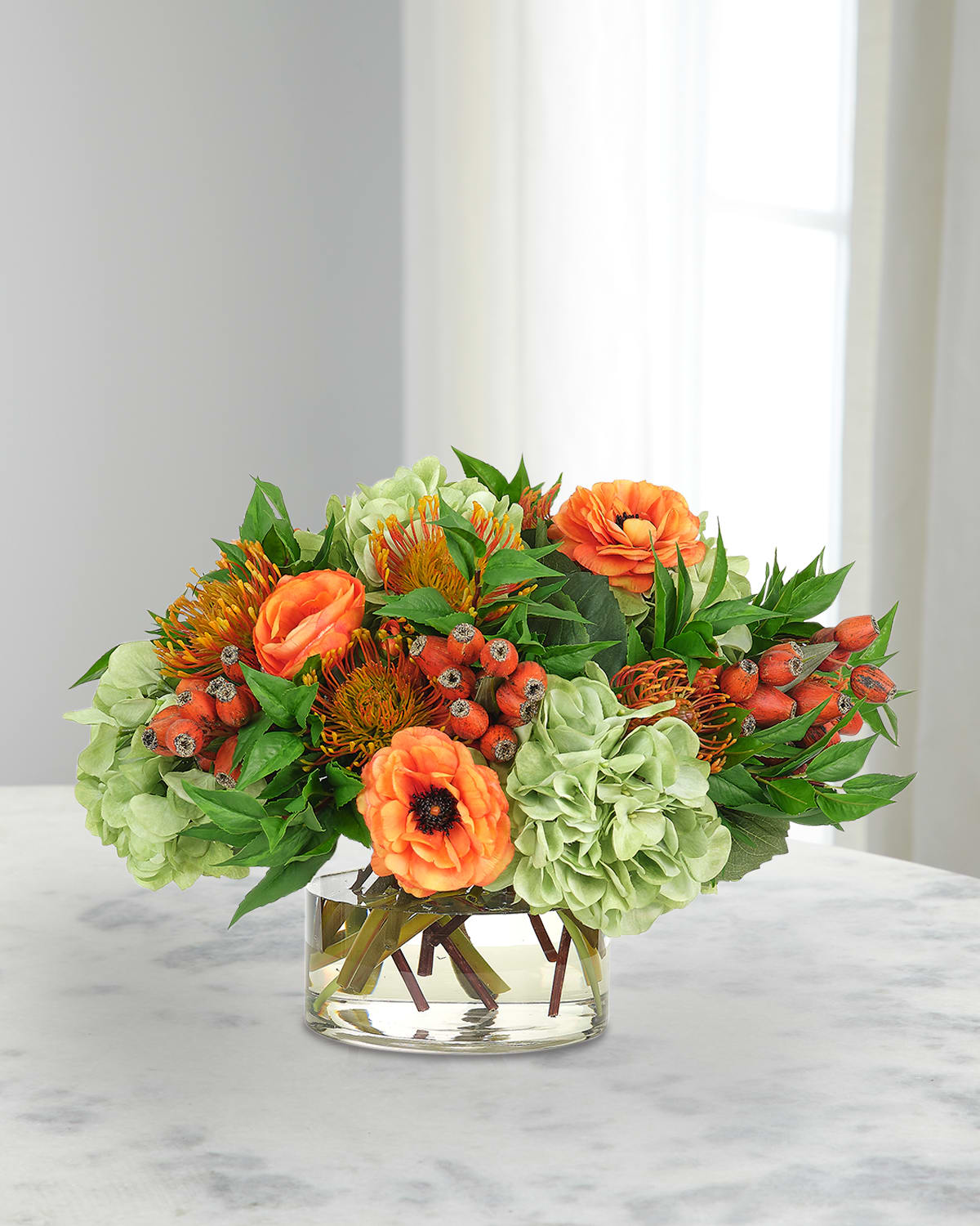 Ndi Faux Protea Hydrangea In Glass Vase, 15"t