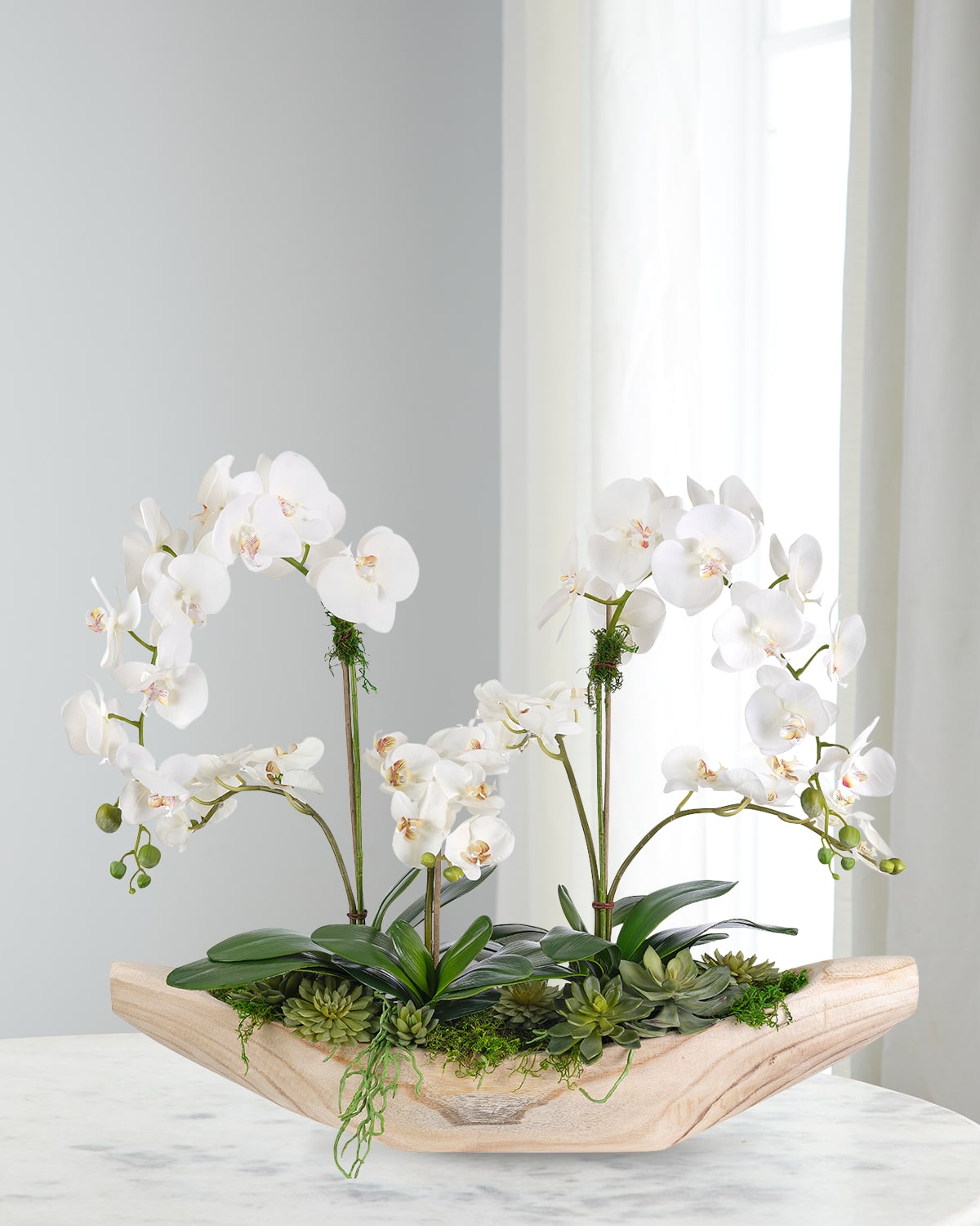 Faux Orchid Phalaenopsis In Wood Trough, 30"T