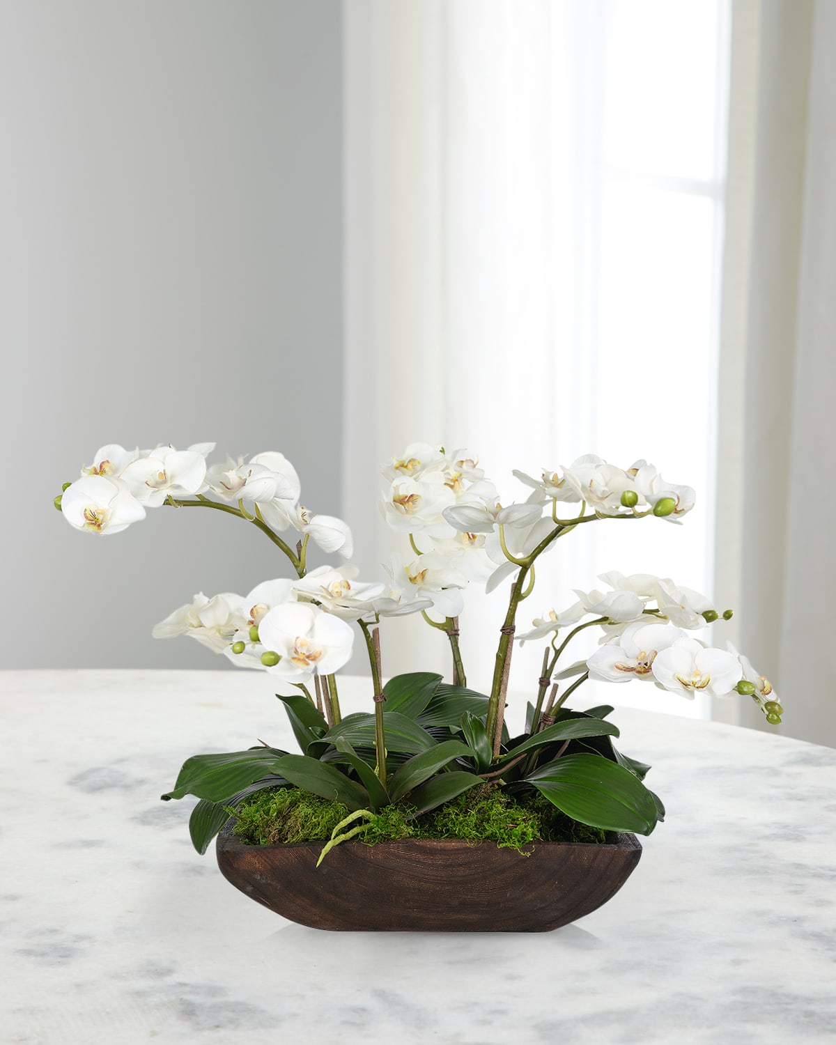Faux Orchid Phalaenopsis In Wood Bowl, 19"T
