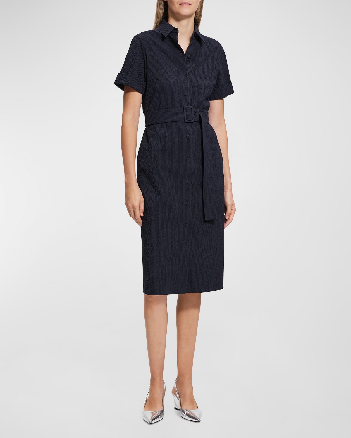 Belted Short-Sleeve Seersucker Shirtdress