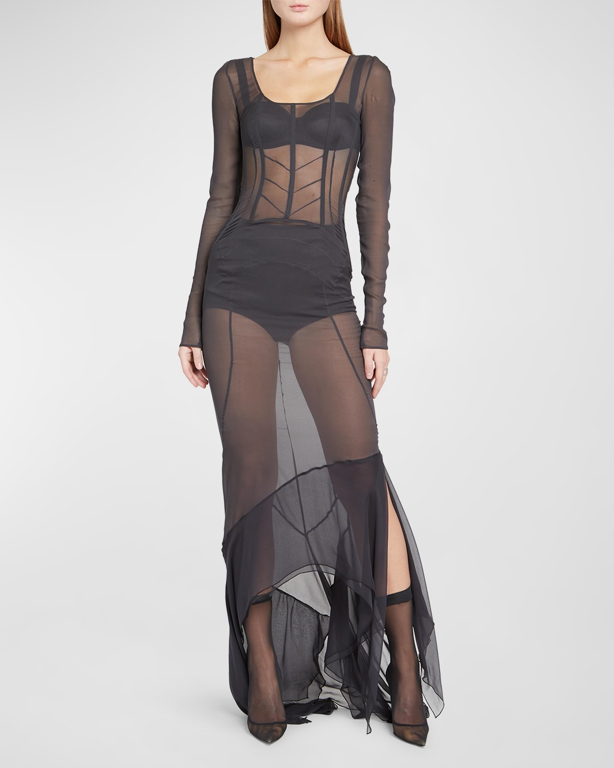 Dolce & Gabbana Long-sleeve Sheer Corset Maxi Dress In Dk Grey