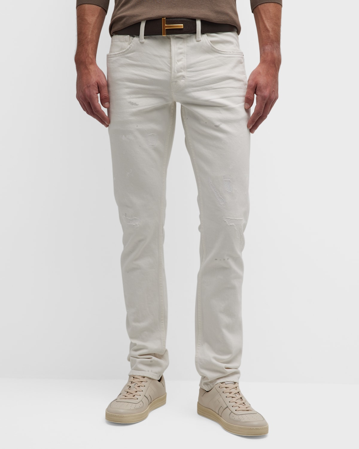Tom Ford Men's Distressed Selvedge Denim Jeans In White