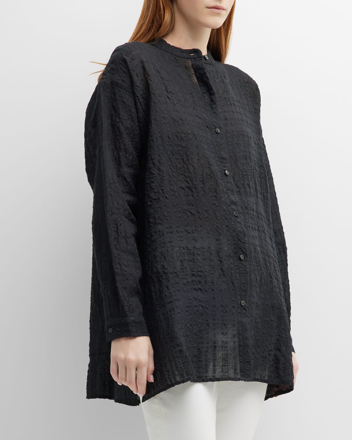 EILEEN FISHER BUTTON-DOWN TEXTURED PLAID SHIRT