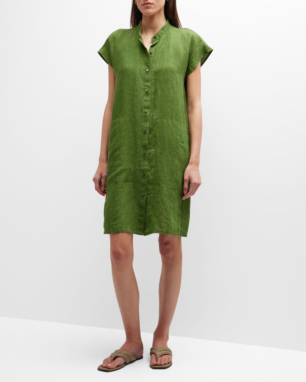 Short-Sleeve Button-Down Delave Linen Dress