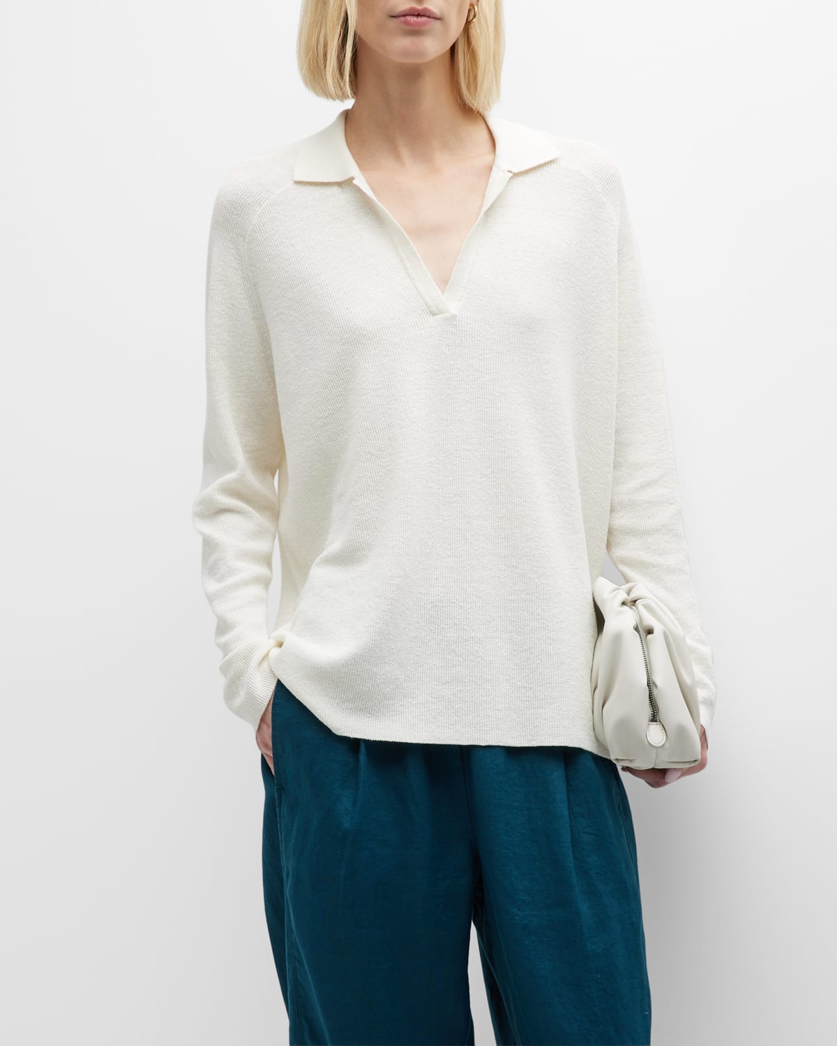 EILEEN FISHER RIBBED SPREAD-COLLAR PULLOVER