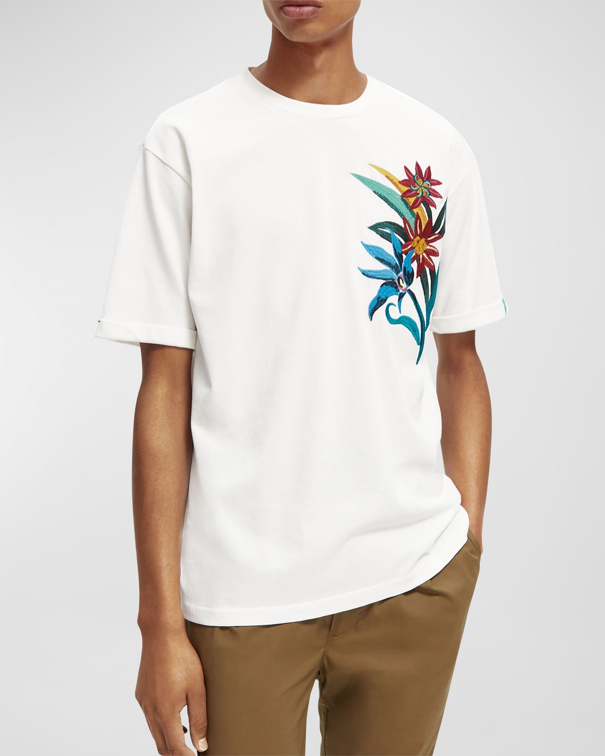 Men's Floral Embroidery Organic T-Shirt