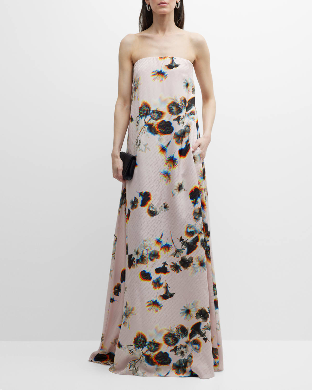 Serena Strapless Blur Floral-Print Logo Jacquard Gown