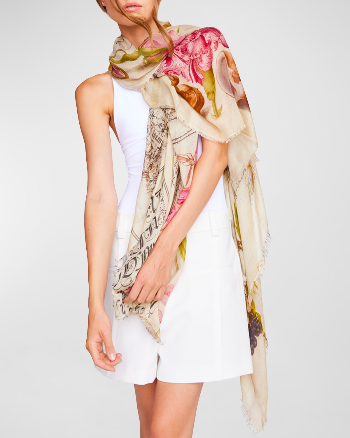 Faliero Sarti Floral Art Cashmere-blend Scarf In Beige Floral