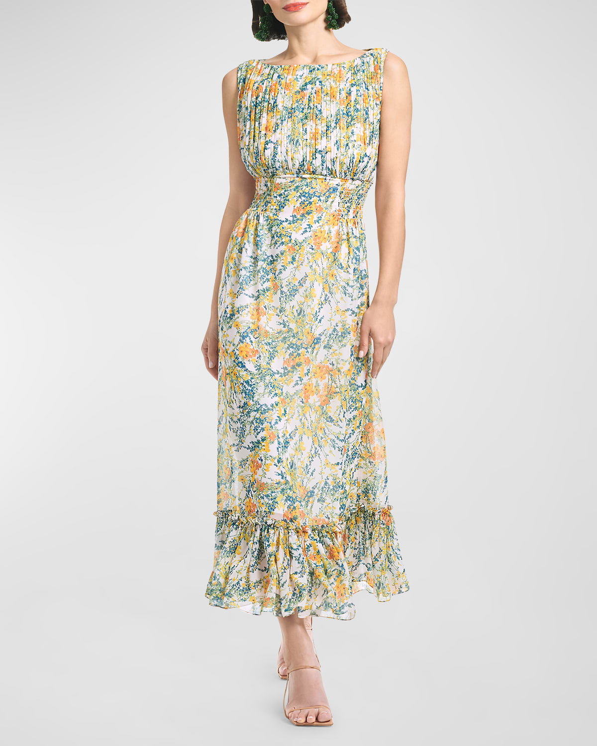 Sachin & Babi Anastasia Pleated Floral-print Bow-back Dress In Sunshine And Teal