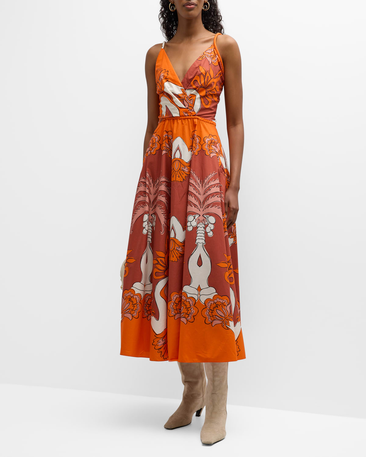 Shop Johanna Ortiz Sumo Florentino Surplice-neck Sleeveless Midi Dress In Palms Orangepecan
