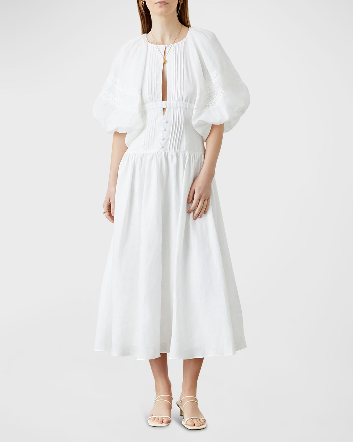 JOSLIN Ivana Pintuck Cutout Linen Midi Dress