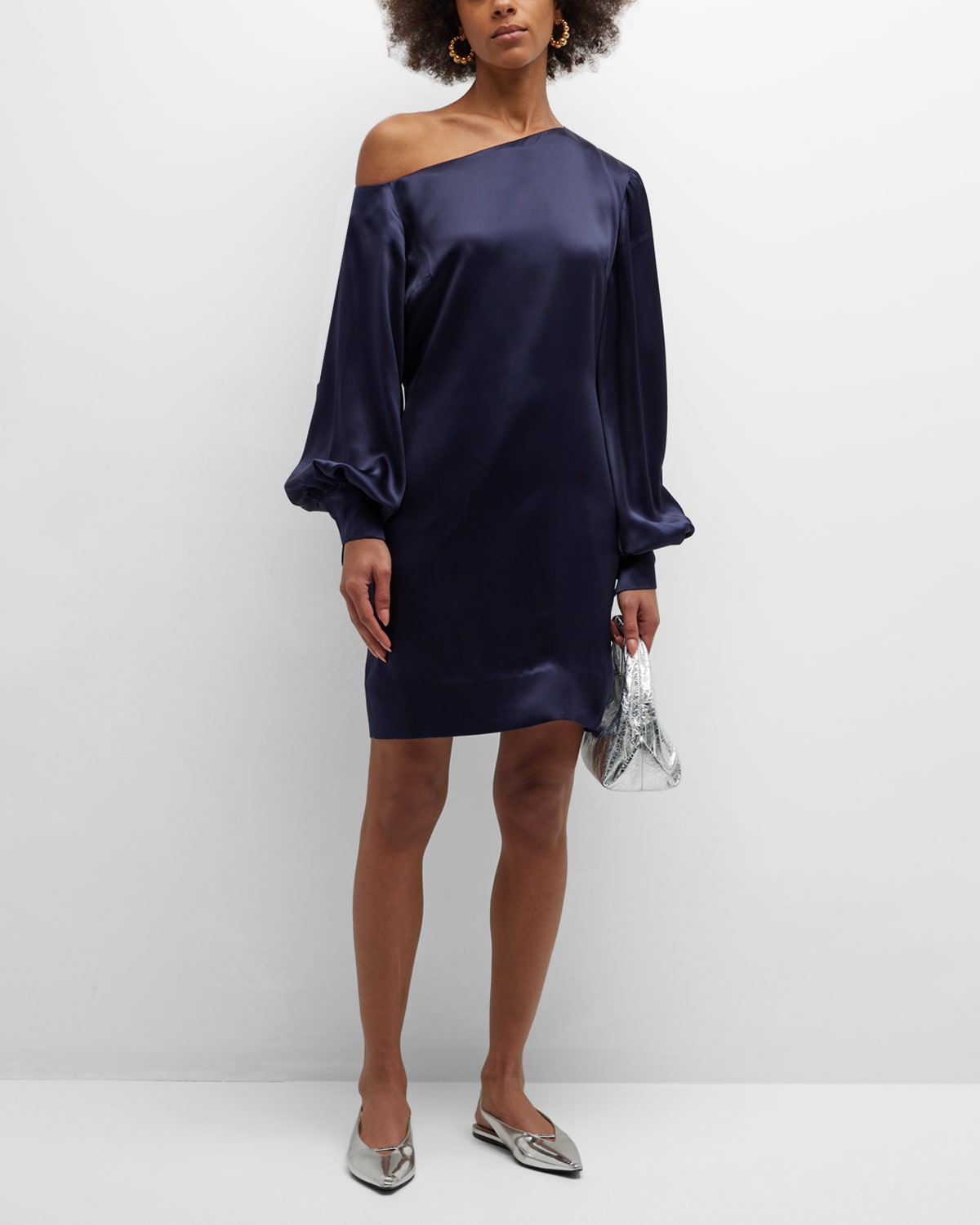 Shop Bite Studios Frame Silk One-shoulder Mini Dress In Midnight Blue