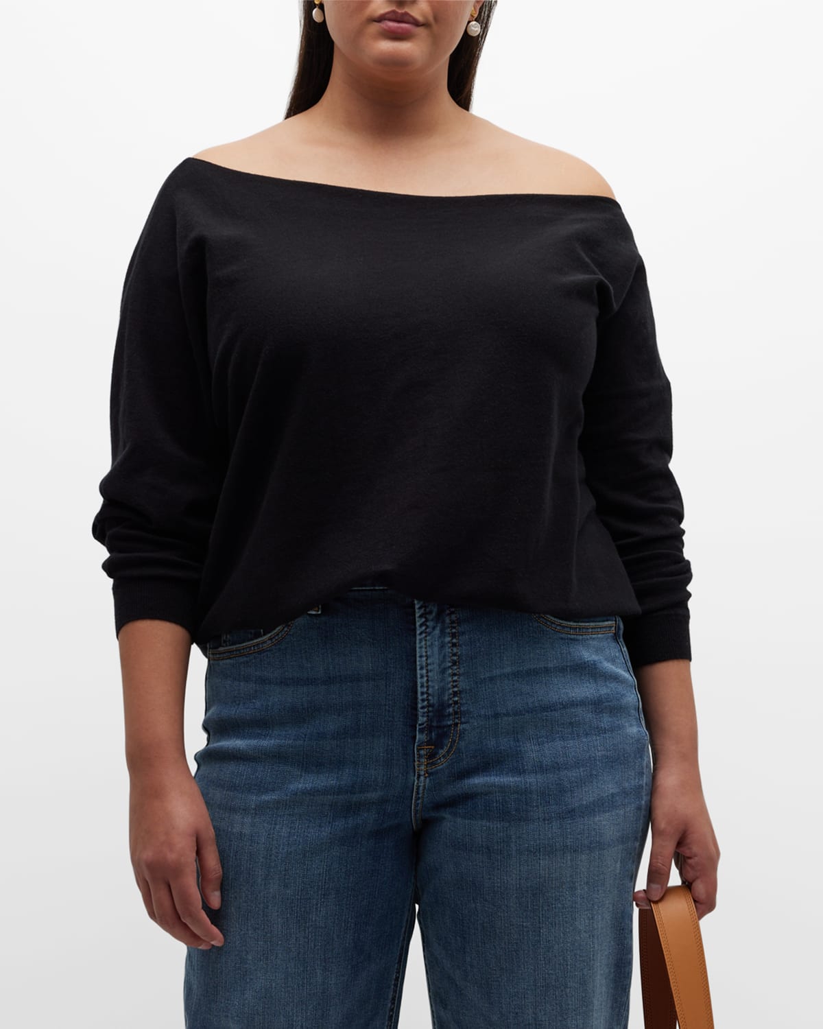 Minnie Rose Plus Plus Size Off-shoulder Cashmere-blend Sweater In Black